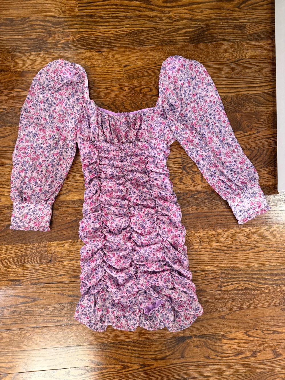 Zara Pink Floral Ruched Puff Sleeve Mini Dress